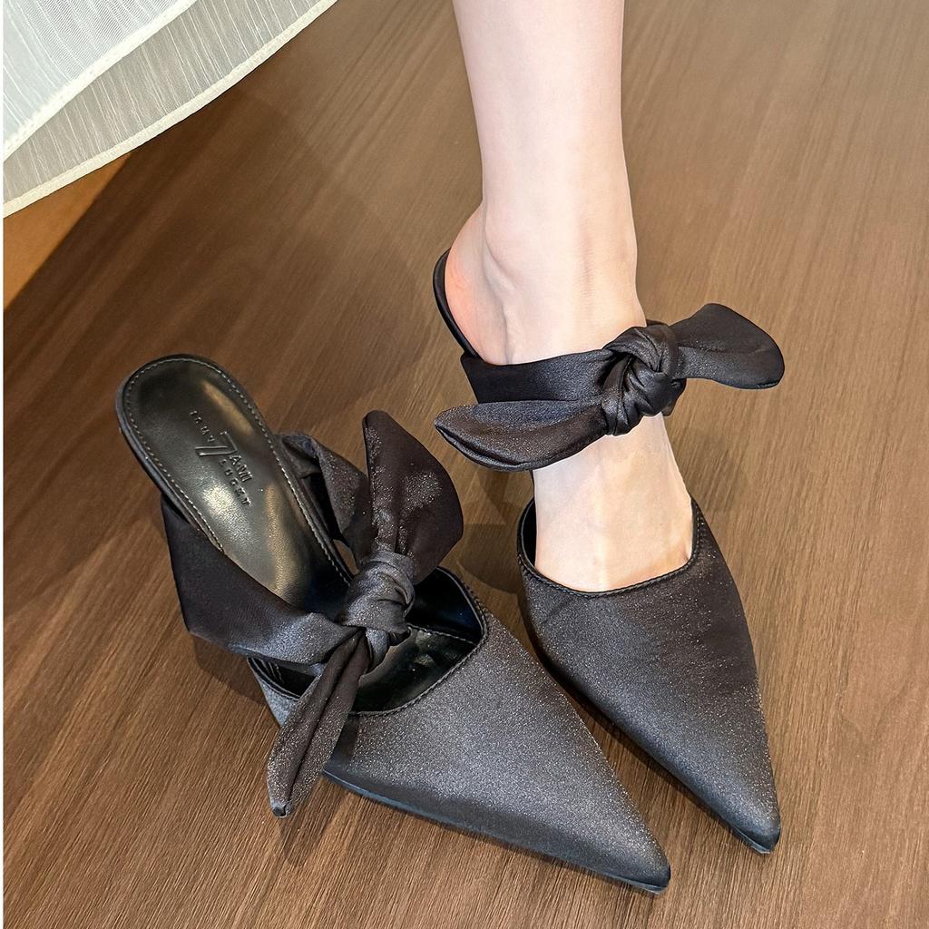 Niche Pointed Muller Sandals Bow Stilettos Women's 2025 Spring and Summer New French Bag Head Half Slippers