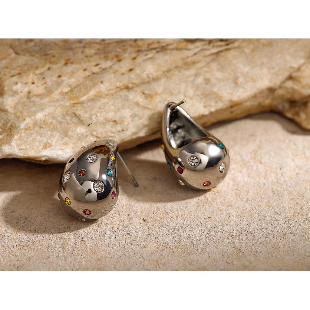 2024 Summer Women's Colorful Rhinestone Teardrop Stud Earrings - Stainless Steel, Niche Design