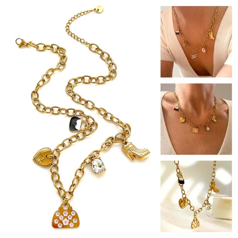 Rhinestones Embellished Love Sachet Charm Necklace Stainless Steel Clavicle Chain Fashion Jewelry Accessory