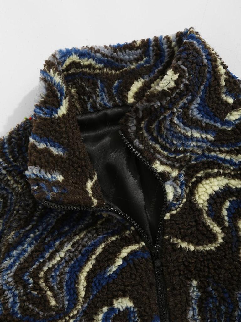 ZAFUL Men's Swirl Print Faux Shearling Teddy Toggle Drawstring Patched Design Stand Collar Jacket