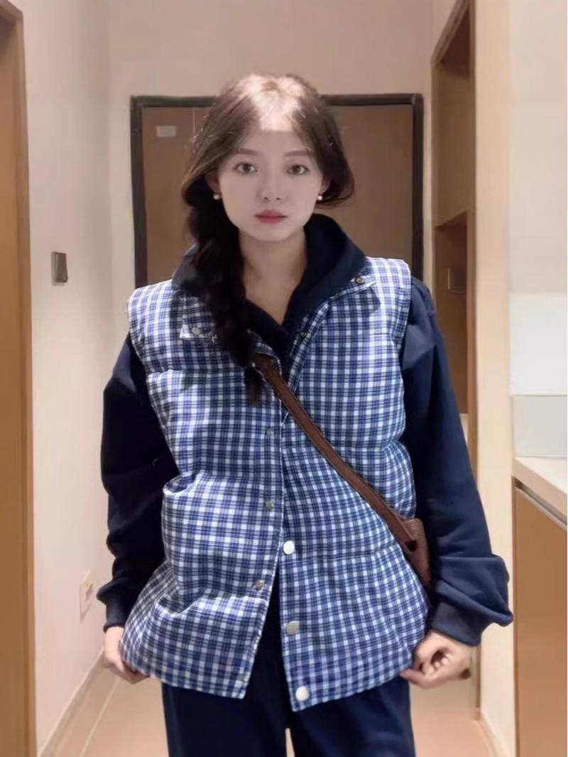 

Women s Blue Plaid Retro Stand Collar Sleeveless Cotton Vest - Autumn/Winter Trend XL