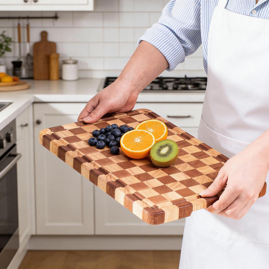 Tagliere da Cucina in Legno di Hevea a Scacchiera