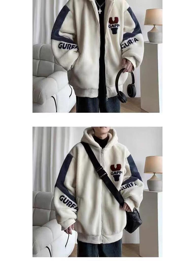 Youth Lambswool Plush Hooded Jacket - Men's Warm Velvet Winter Coat for Junior High, High School, and University Students.