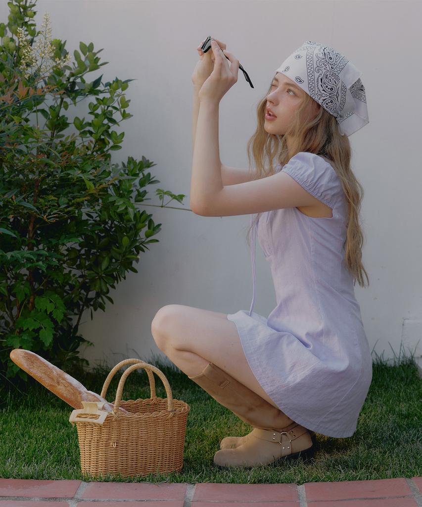 Teuwi Hirot Ribbon Shirred Short Sleeve Mini Dress
