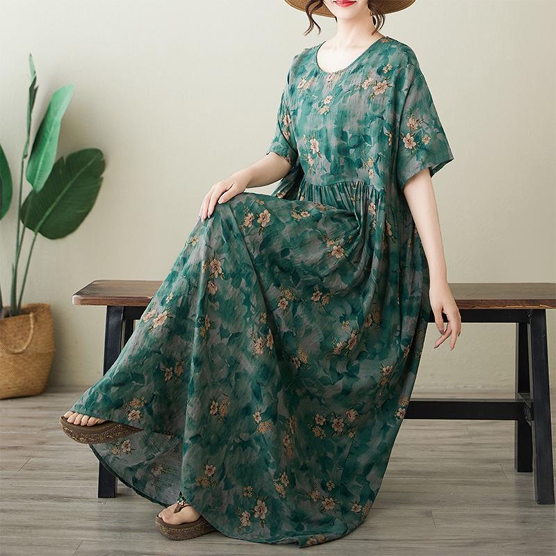 New Plus Size Summer Long Dress - Short Sleeve, Round Neck, Printed Design. Plus Size