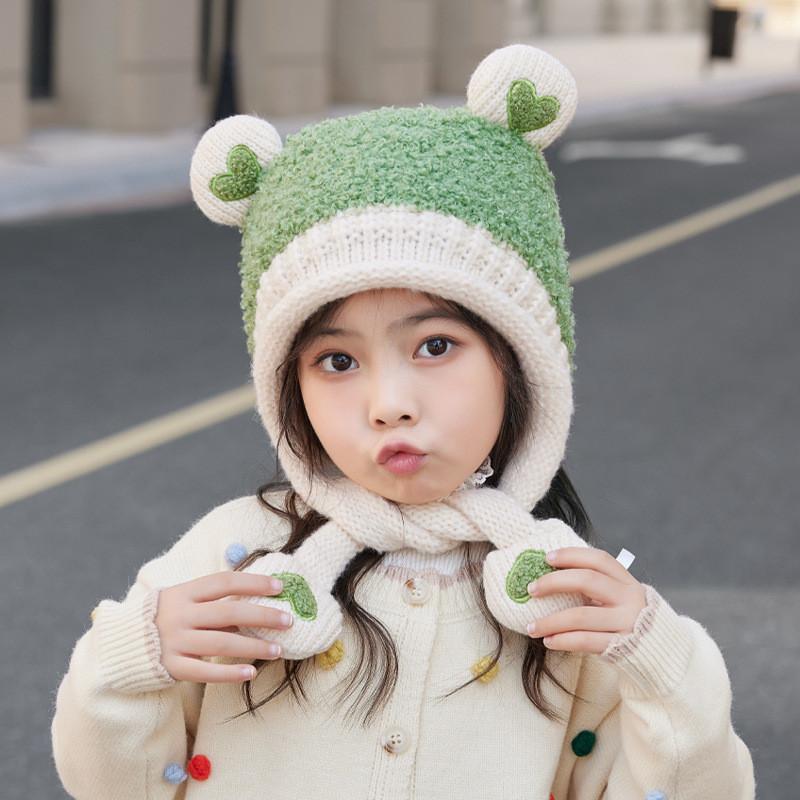 Kids Knit Hat With Heart Ears For Winter Warmth And Wind Resistance