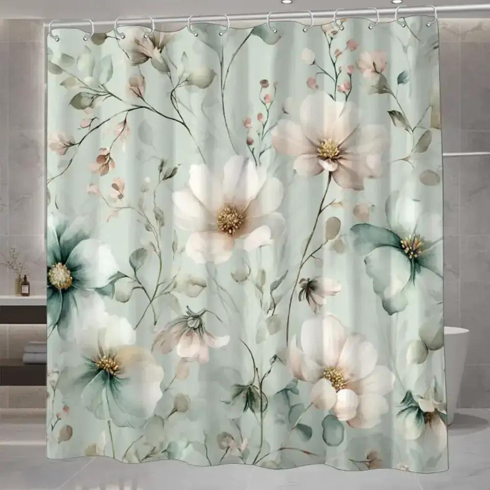 

Mint Green Watercolor Floral Shower Curtain, Polyester Fabric, Machine Washable, Suitable For Bathroom Dcor. W60H190(CM)-1 Pcs
