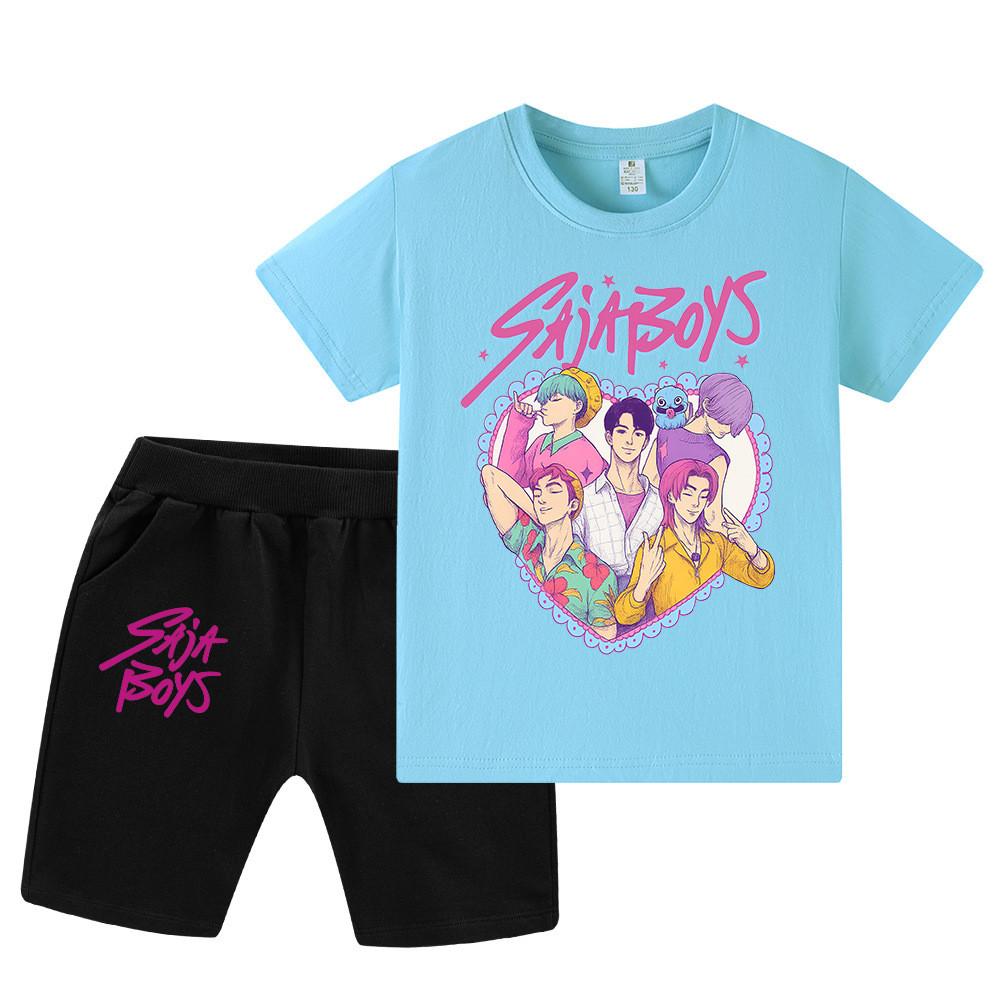 

WA1212 Kids Boys Girls Kpop Rumi Zoey Mira Sajaboys Print Short Sleeves T-shirt Shorts Pants Sets 110cm світло-синій колір