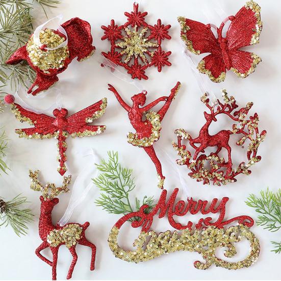 Glitter Sequined Christmas Ornament Red Snowflake/Butterfly/Star/Reindeer/Ballerina Hanging Decoration for Xmas Tree Doors Walls Holiday Home Decor