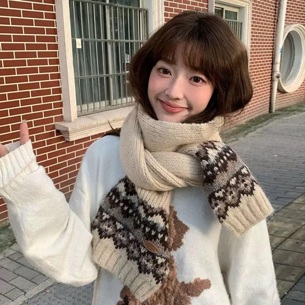 Wool Winter Cashmere Scarves Thicken Fair Isle Style Shawl Simple Jacquard Knitted Scarf Girl