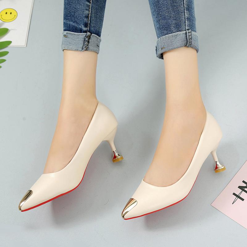 Korean Version of Every Single Shoe Women 2024 Autumn Metal Head Mid-heel Commuter Pointy Shallow Mouth Black Heels