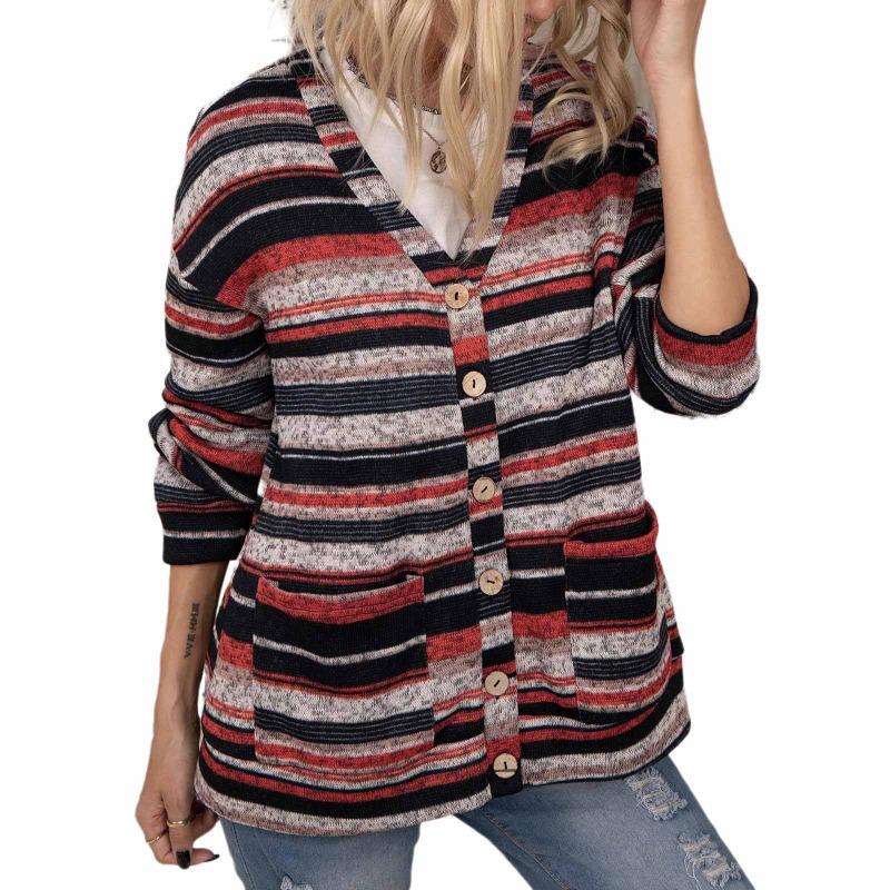 Damen S V-Ausschnitt Strick Knopf Tasche Cardigan Pullover Langarm Top