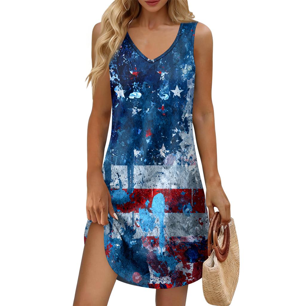 Women's Summer Casual Sun Skirt With Pocket V-Neck Independence Day Printed Loose Vest Dress