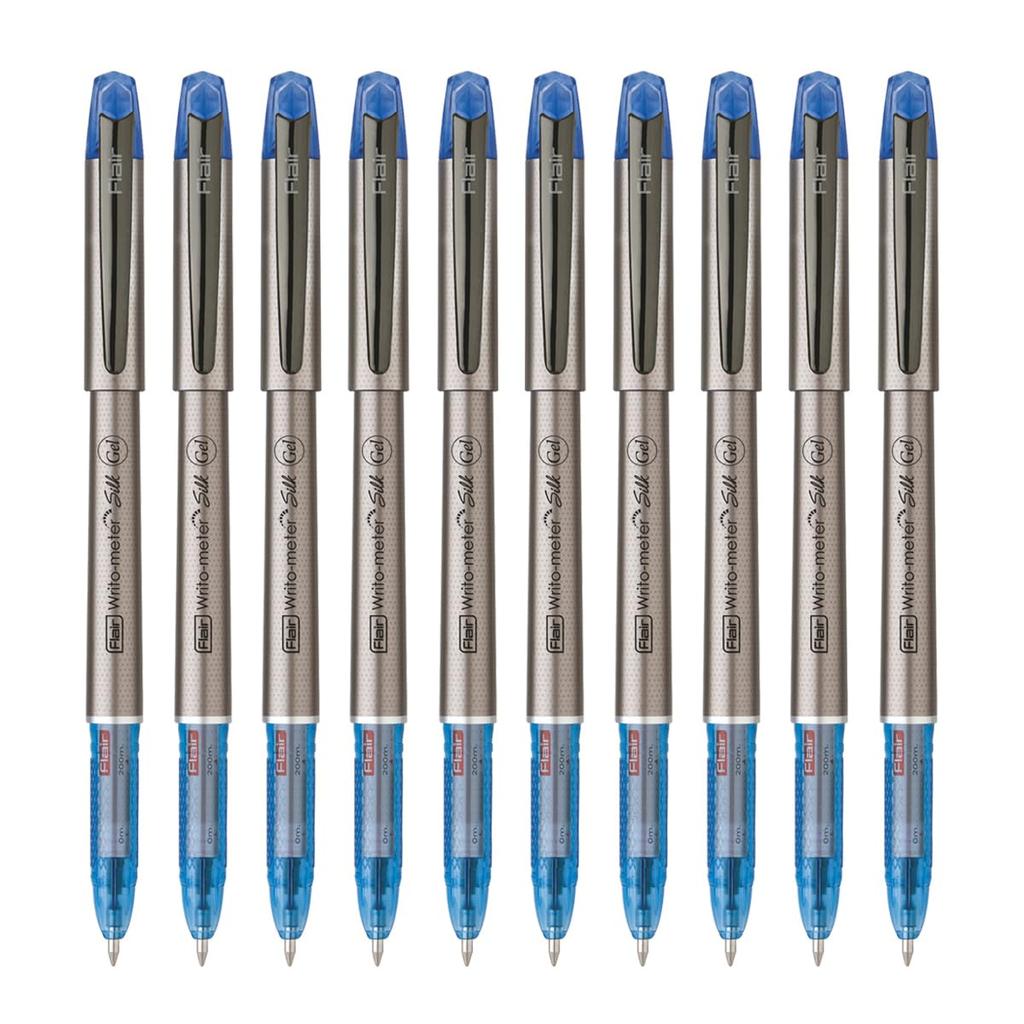 Flair Writometer Seiden Gel Packung mit 10 Stück Blaue Tinte 0,5 mm Gelstifte Gunmetal Clip Mattes Finish Sanftes Schreiben Büro Schule