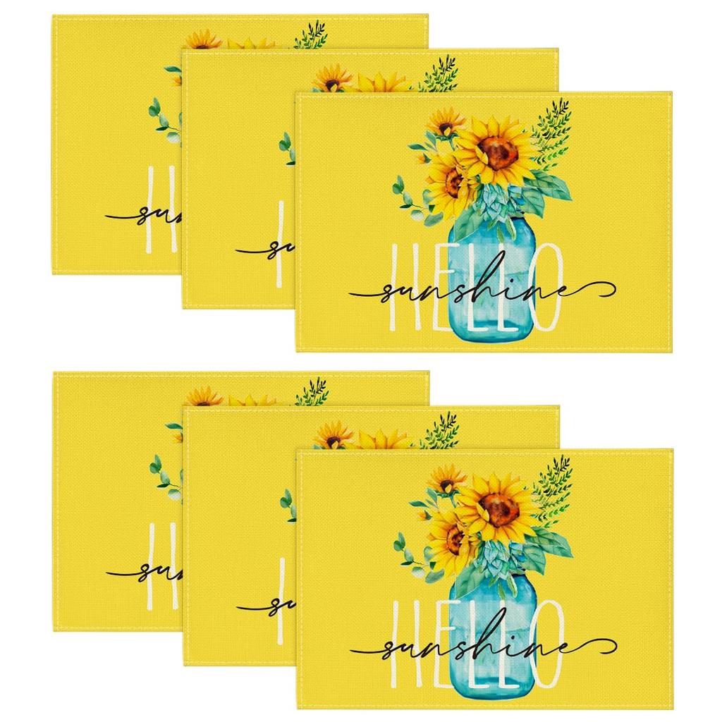 Yellow Hello Sunshine Sunflower Summer Placemats for Dining Table, 12 X 18 Inch Spring Holiday Decoration Rustic Vintage Washable Table Mats Set of 4