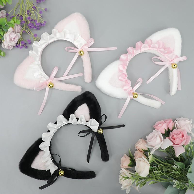 Handgefertigtes Lolita Katzenohren-Stirnband Mit Spitze Schleife Schwanz Set Cosplay Party Kostüm Zubehör
