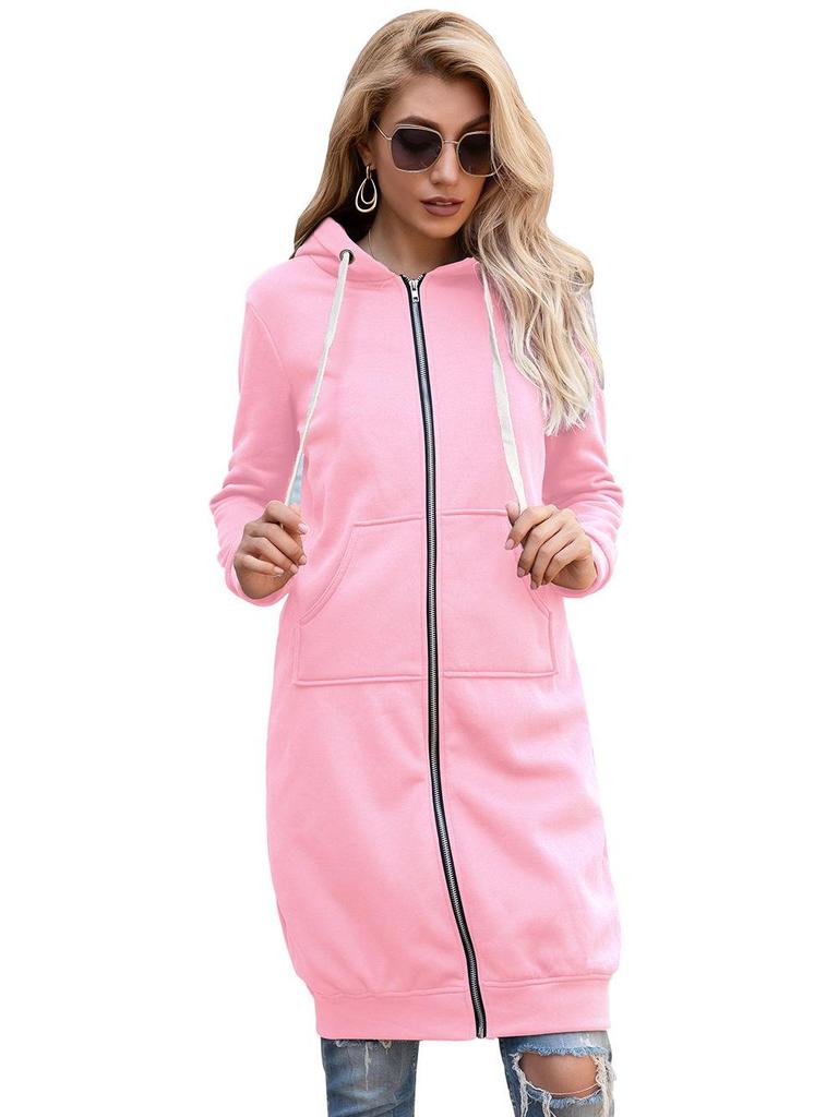 2023 Autumn/Winter Women's Casual Hooded Mid-Length Loose Plain Sweatshirt