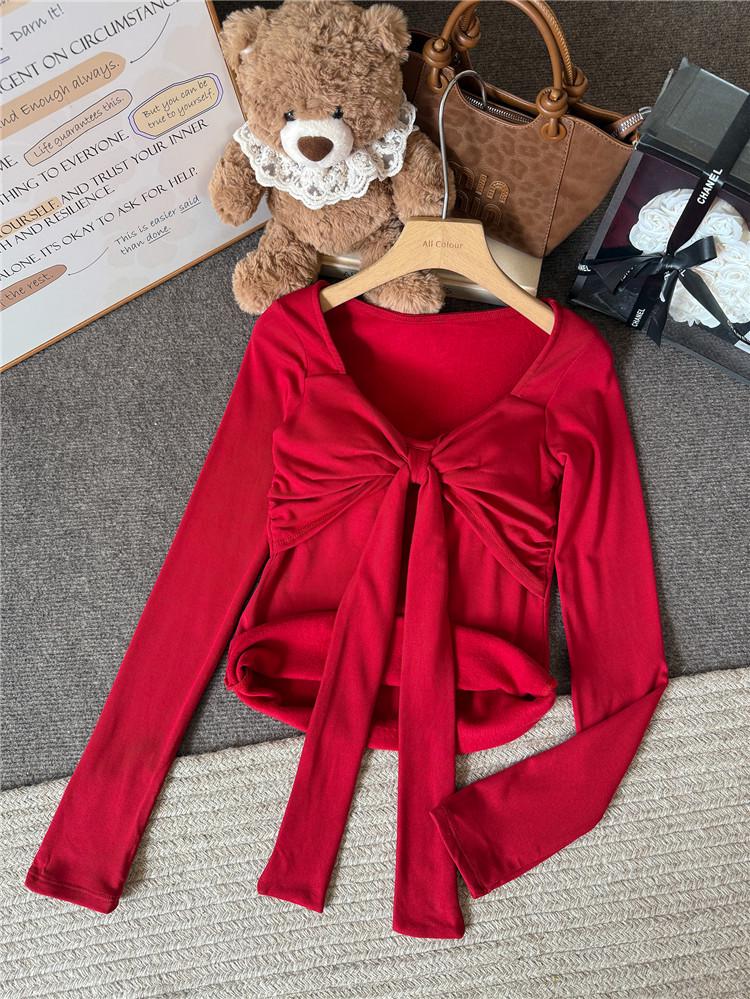 

Women s Lace-Up Bow Plush Long-Sleeve Warm T-Shirt with Chest Pads and Square Neck One Size червоний
