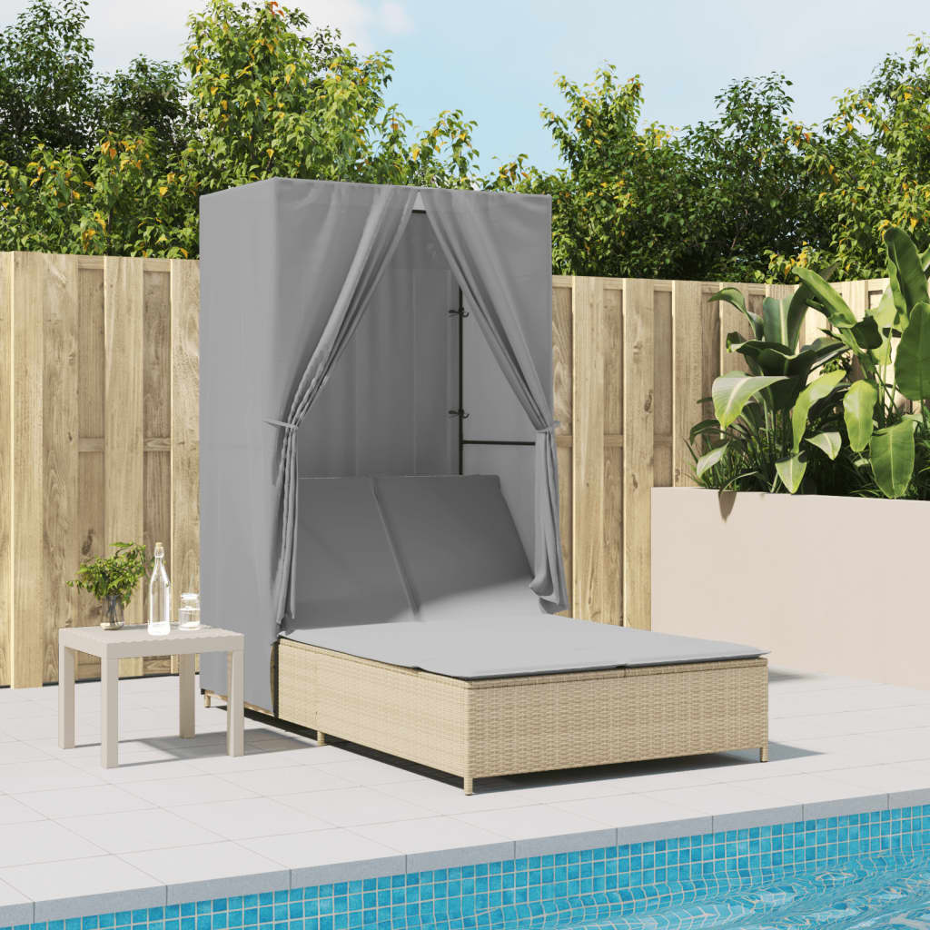 Double Sun Lounger with Canopy and Curtains Beige Poly Rattan