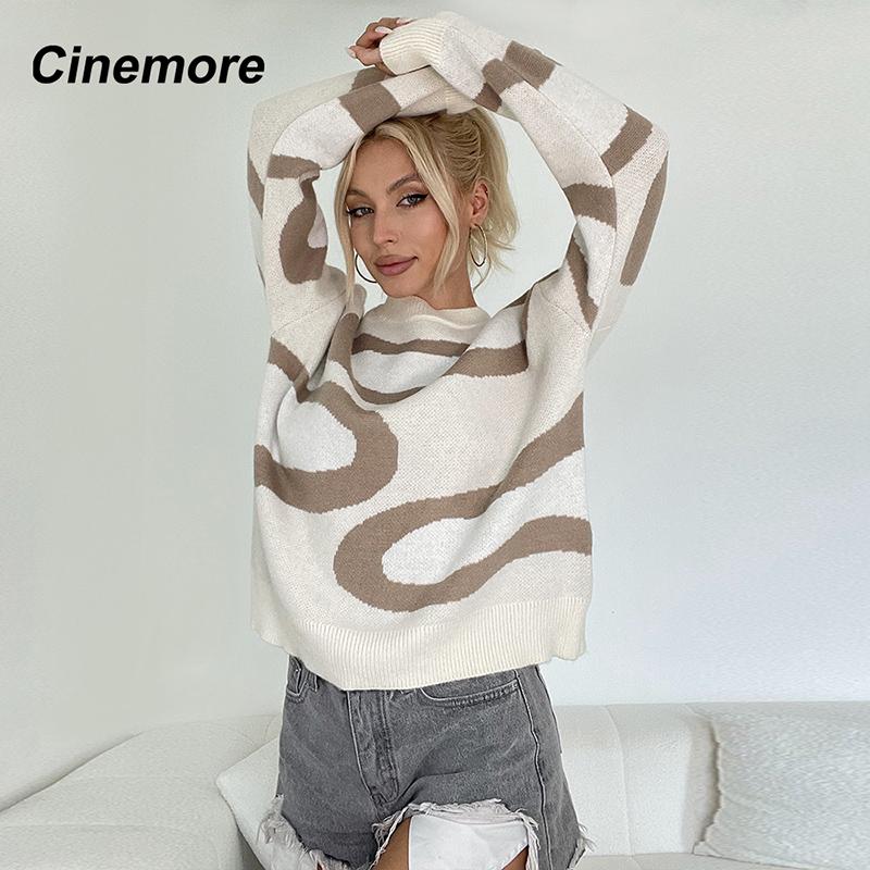 Cinemore Wiosna Jesień Damski Sweter Jednolity Oversize Casualowe Pulowery Ciepły Podstawowy Top z Długim Rękawem Okrągły Dekolt Dzianinowy Sweter Sweter