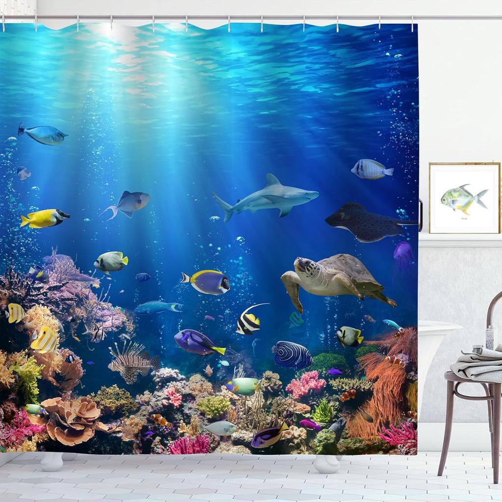 Coastal Turtle Shower Curtain Fish Coral Starfish Seashell Blue Ocean Beach Shower Curtains for Bathroom Waterproof Polyester Fa