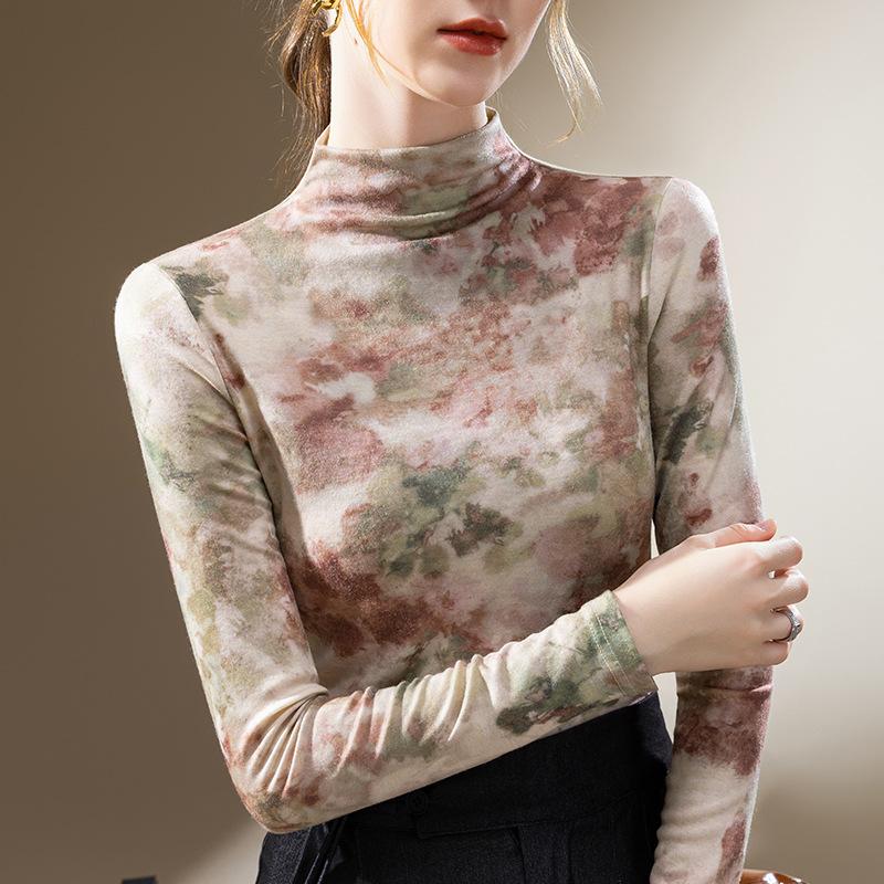 Camiseta Base de Cuello Alto Medio para Mujer Camiseta de Manga Larga Estampada a Color en Contraste Top Ajustado a la Cintura