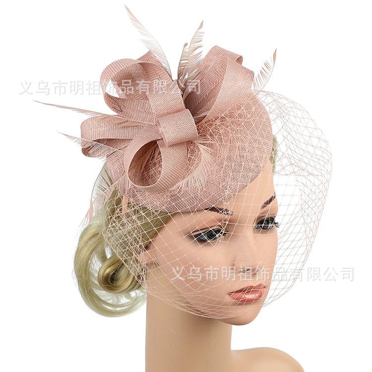 European and American retro hemp yarn bridal headgear feather hair accessories flower mesh headband dinner dress cheongsam accessories