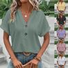 Spring Summer  Women Casual Button V Neck T Shirt Solid Color