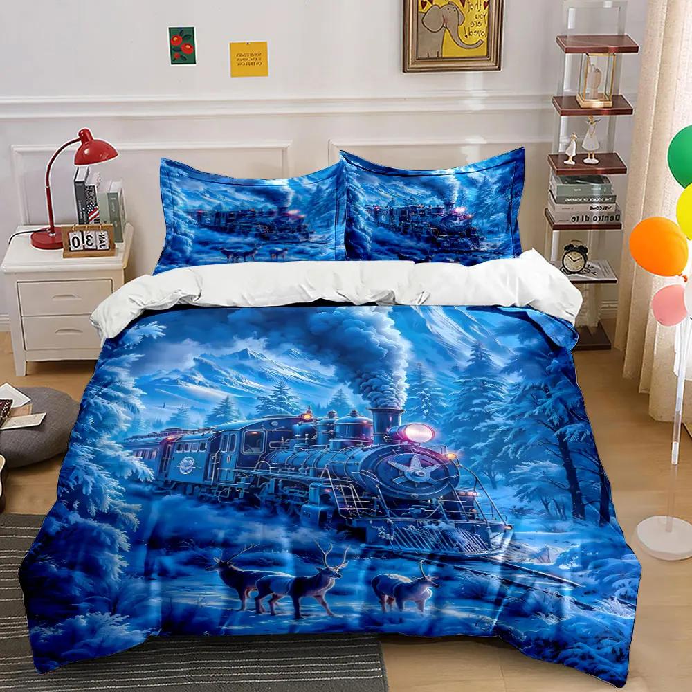 Snowy Train Winter Scenery Set Bedding Set with 1 Duvet Cover 2 Pillowcases Single Double King Queen Gift