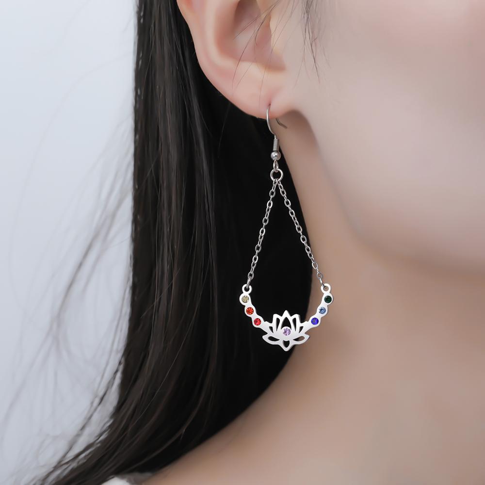 Dawapara Chakras Lotus Flower Dangle Earrings Stainless Steel Women Earrings Colorful Zircon Boho Yoga Spiritual Jewelry