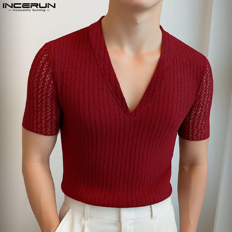 

INCERUN Summer Men Deep V Neck Patchwork Short Sleeves Fitted T-shirts Tops M чёрный