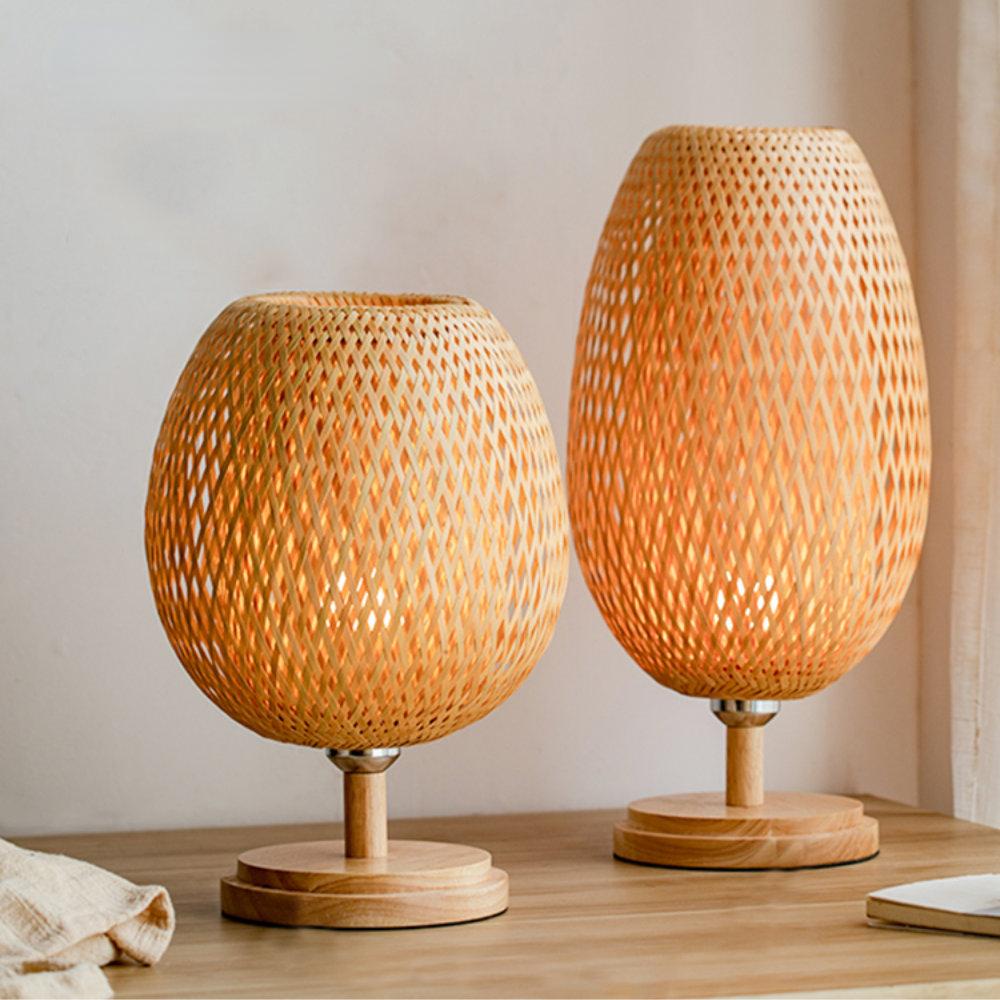 Kleine Rattan-Tischlampe, stufenlos dimmbare Nachttischlampe, Vintage-Nachttischlampe aus Korbgeflecht, für Schlafzimmer, Wohnzimmer, Schreibtisch