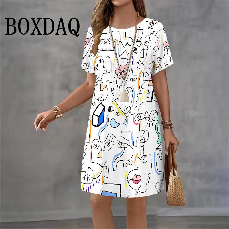 Summer Ladies Abstract 3D Printed Short Sleeve Crew Neck Dress