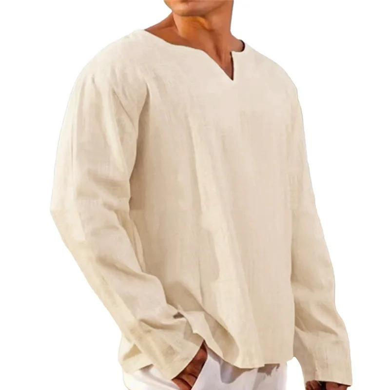 Minimalistisches Langarmhemd für Herren aus Leinen-Baumwollmischung - Atmungsaktiv, mit Schlitzkragen, tief angesetzten Schultern, lockerer Passform, Urlaubs-Freizeit-Oberteile in Unifarben