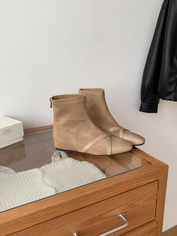 Korean version of square head suede splicing fashion boots women's autumn and winter new temperament inner height increase thin boots rear zipper sho