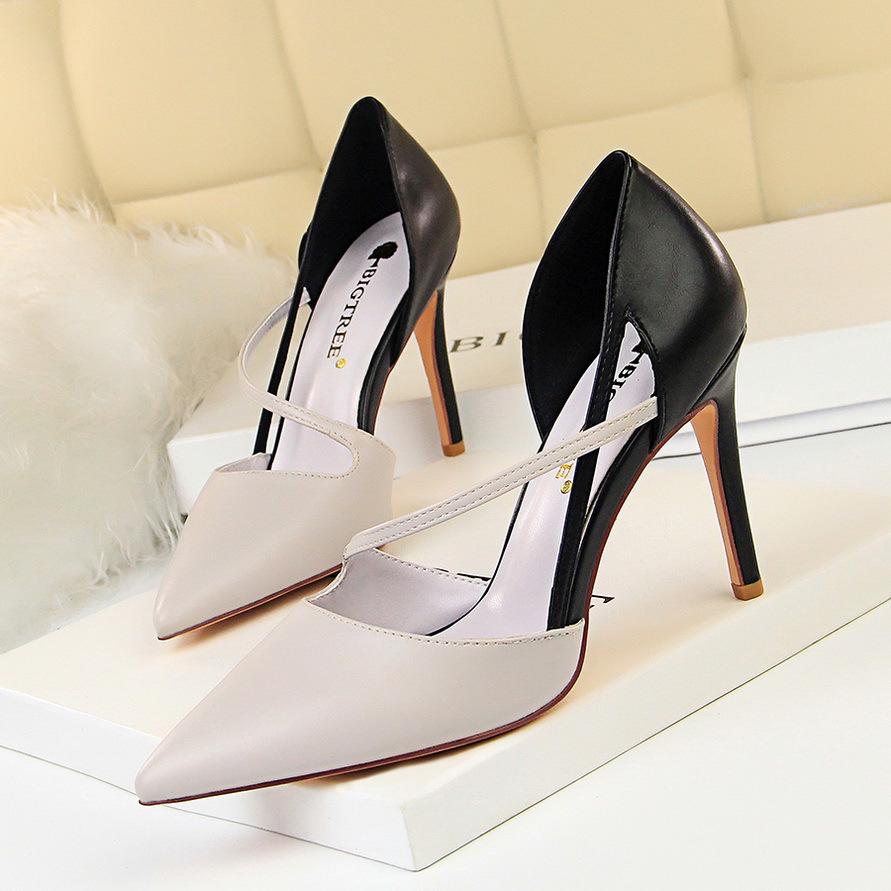 

Bigtree Women s Fashion Sweet Single Shoes Light Mouth Pointed Color Matching Hollow Out One Line 9.5CM High Heel Shoes 40 сірий