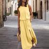 Dames zomerjurk geplooide ronde hals mouwloos effen kleur losse split zoom maxi-jurk dagelijkse date feestkleding lange jurk