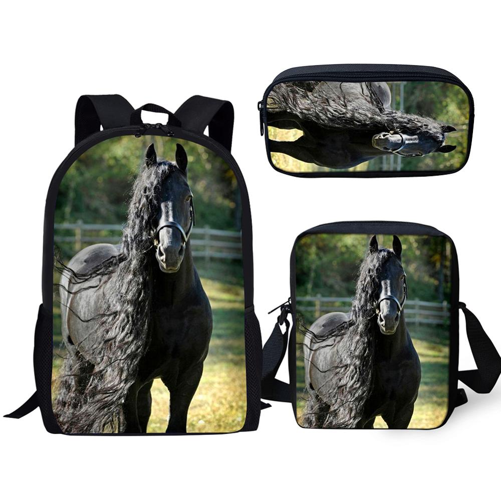 Trendy Handsome Black Horse 3D Print 3pcs/Set pupil School Bags Laptop Daypack Backpack Inclined shoulder bag Pencil Case