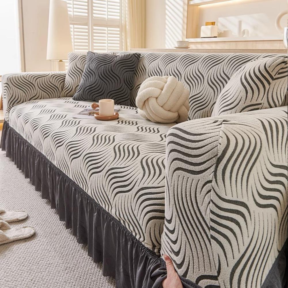 Jacquard Sofa Cover with Skirt Universal Full Coverage Stretch Slip Proof Fabric Couch Dust Protector