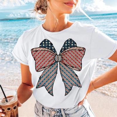 American Flag Bow Graphic Women's T-Shirt Cute Short Sleeved O-Neck Top Lady Fashionable Printed Female Summer Trendy T-Shirt