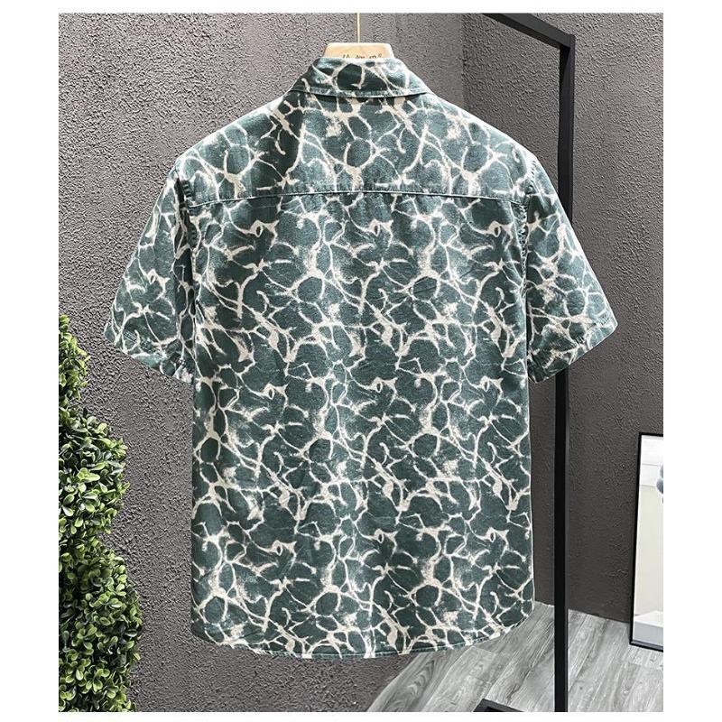 Men Water Ripple Print Shirt Short Sleeve Button Down Chest Pocket Casual Streetwear Shirt for Men