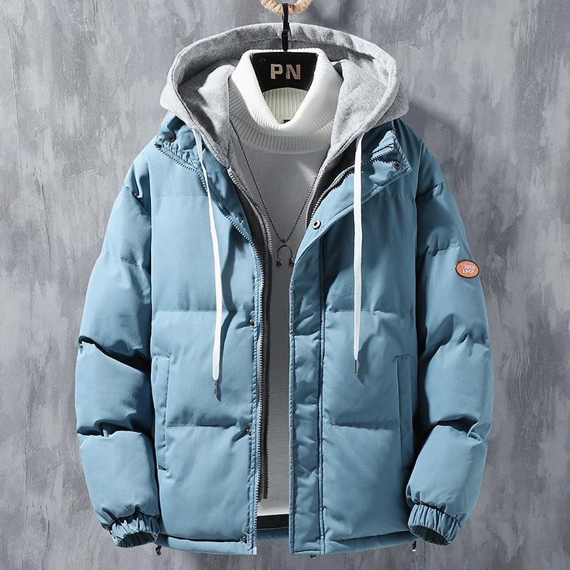 Fake two-piece cotton-padded coat for men's winter new thickened hooded couple velvet cotton-padded jacket trendy bread jacket for men