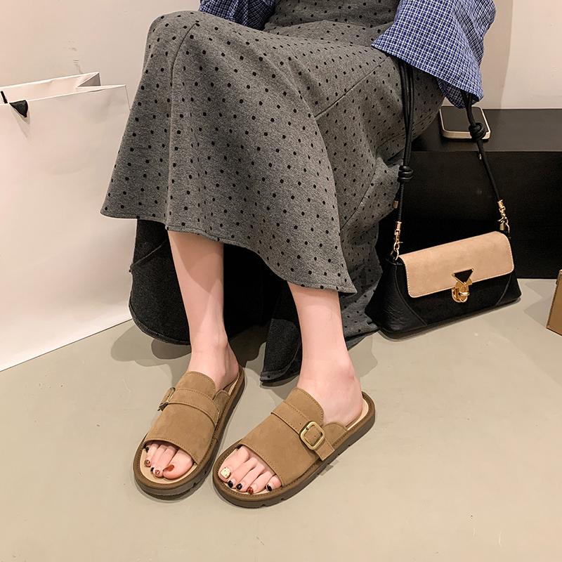 Fashion 2025Women's Flat Sandals Summer New Style Round Head Open Toe Cow Suede Metal Buckle Soft Sole Anti-slip Wear-resistant Slippers