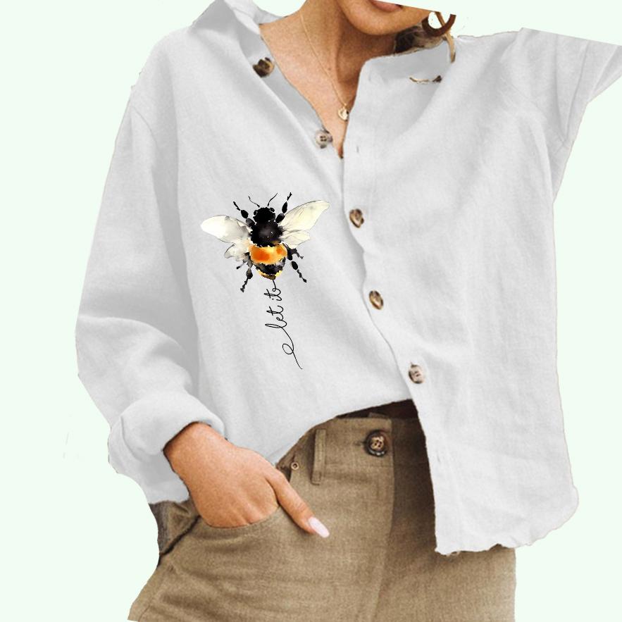 

Женская модная блузка с воротником-лацканом, женская повседневная рубашка из хлопка и льна с принтом на пуговицах XL белый