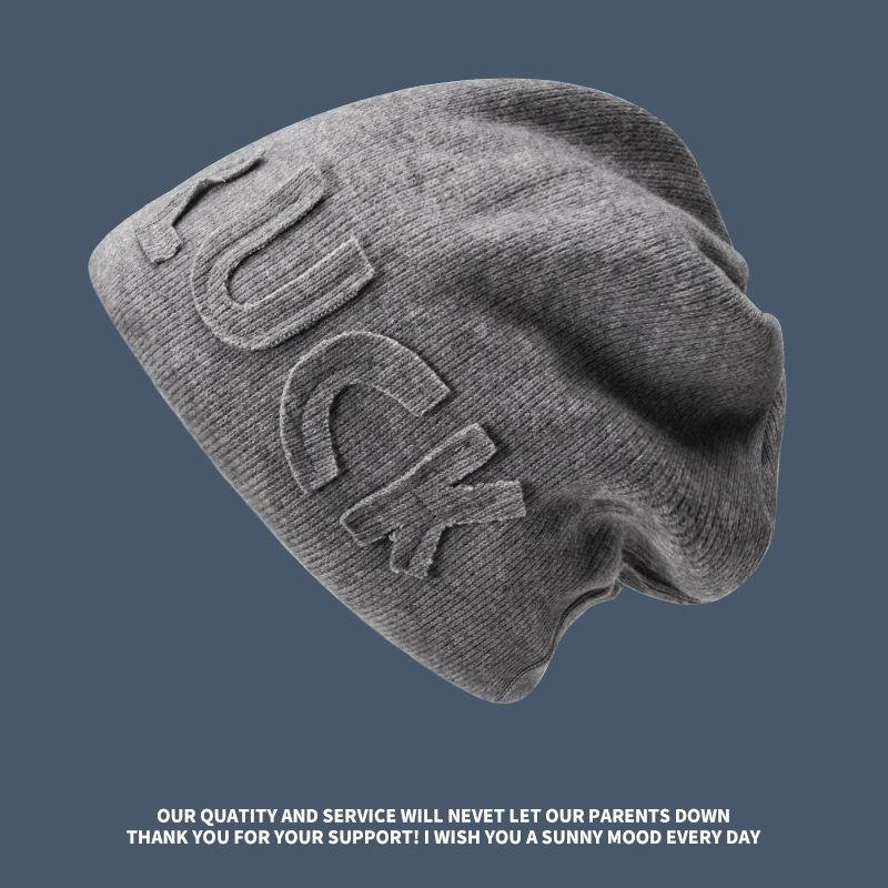 Autumn and Winter Show Face Small Luck Letter Pile Cold Hat Children Ear Protection Headgear Big Head Circumference Retro Knitted Hat