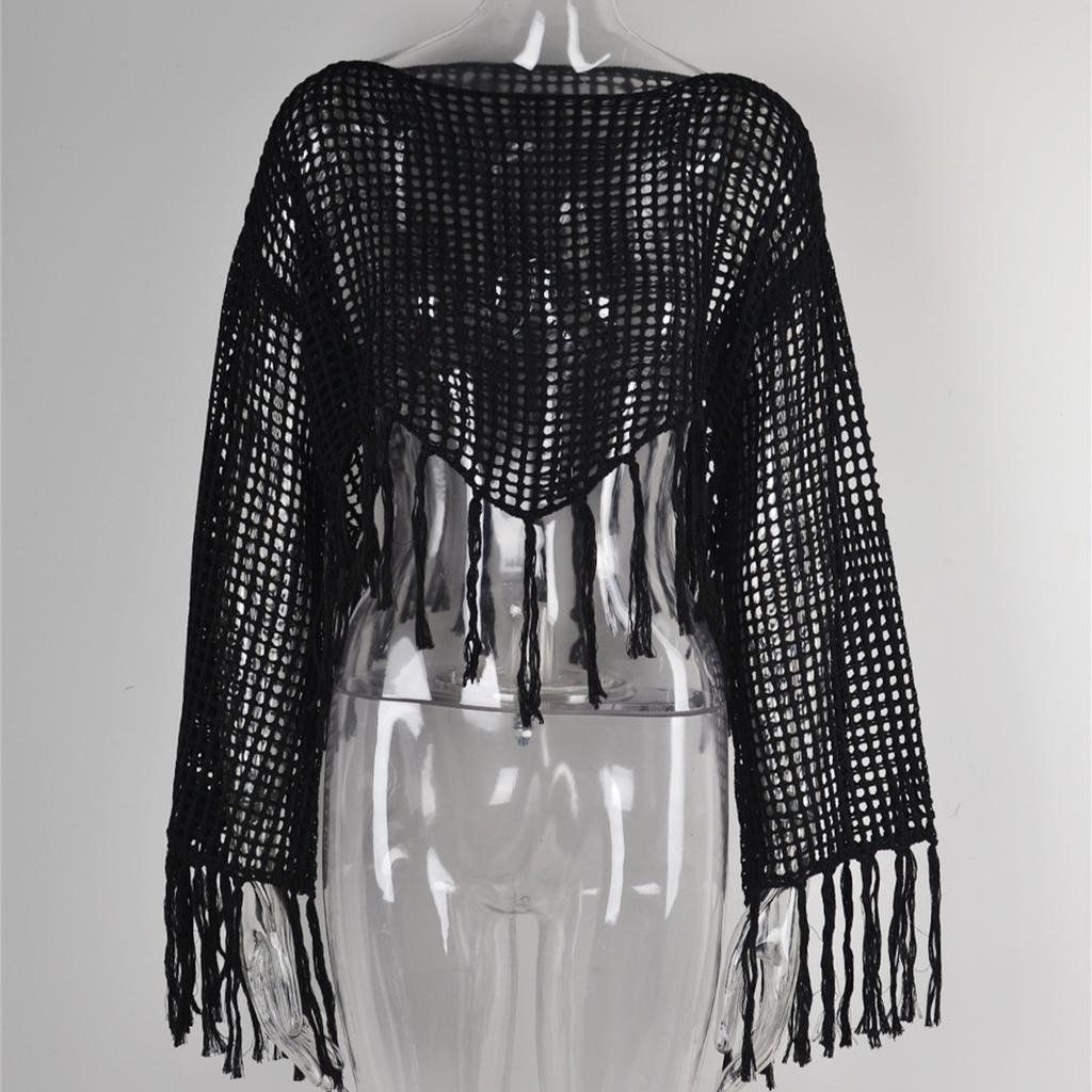 Summer Women's Plus Size Cover-Ups Fringe Irregular Bikini Beach Shirt Hollow Out Knit Sunscreen Cover Up