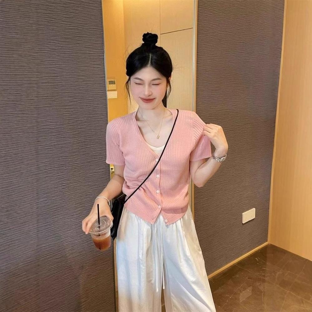 Korean Style V-Neck Two-in-One Knitwear: Summer 2025 Short-Sleeved T-Shirt.