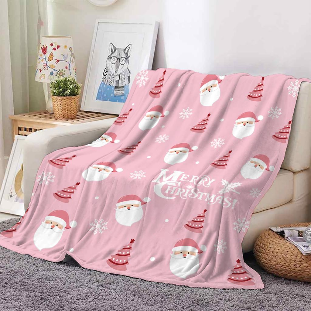 1 double-sided flannel pink Santa Claus pattern printed blanket suitable for sofas, air-conditioned rooms, and camping use