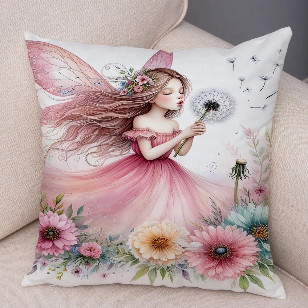 Niedlicher Cartoon Waldmädchen Elfen Kissenbezug Doppelseitig bedruckter Kissenbezug Deko für Sofa Zuhause Superweicher Plüsch Kissenbezug 40x40cm