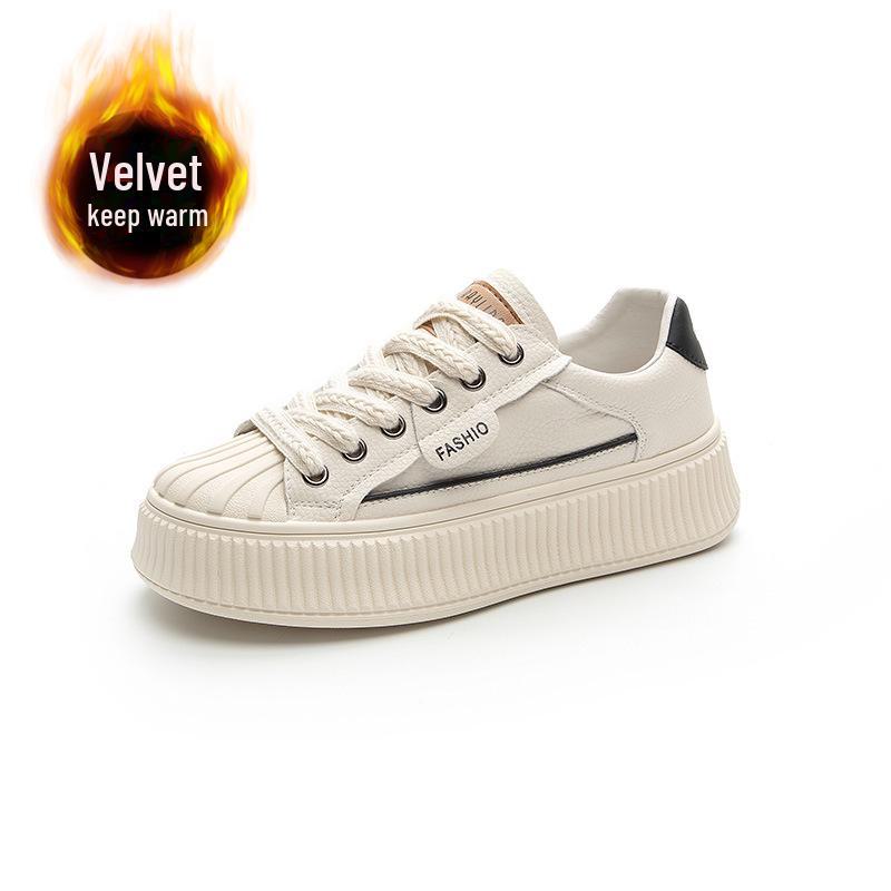 Adidași de damă din piele naturală cu vârf tip scoică, albi, cu tălpi groase, pentru primăvara 2025